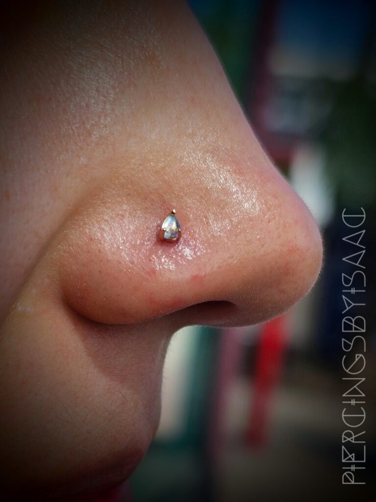 Nostril piercing with silver stud at Sideshow Tattoo and Piercing San Diego