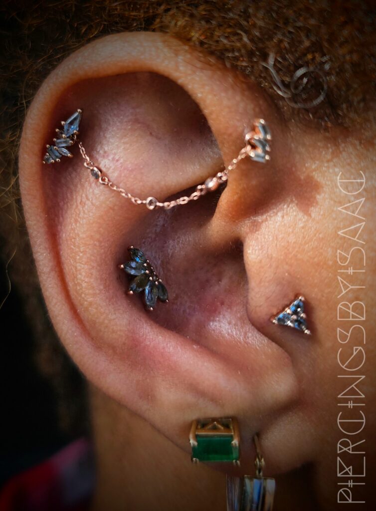 Curated ear with chain and multiple piercings at Sideshow Tattoo and Piercing San Diego
