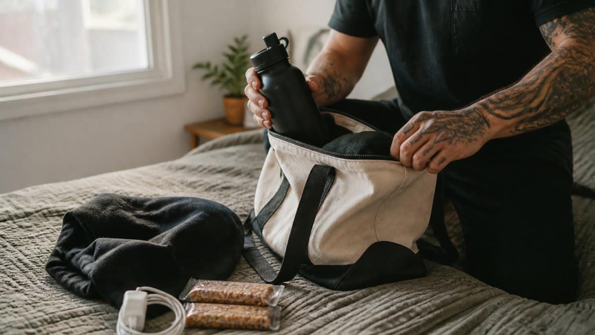 Packing snacks, water, and a hoodie for a large scale tattoo session