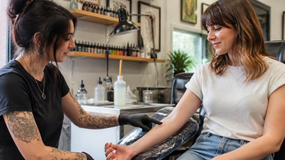 A tattoo artist in a bright studio gently pointing to the inner forearm of a relaxed first-time client, showing a small fine-line design, with clean equipment and a welcoming atmosphere