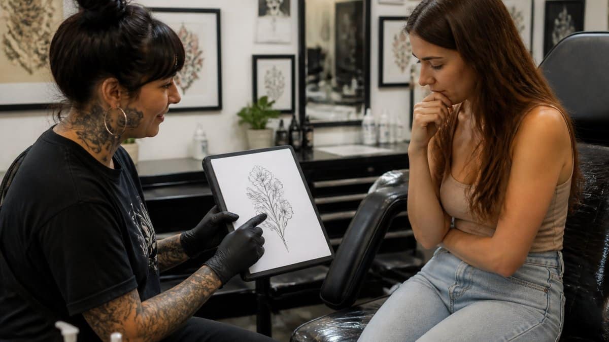A tattoo artist in a bright, welcoming studio showing a fine-line floral design on a tablet to a nervous first-time client seated in the chair