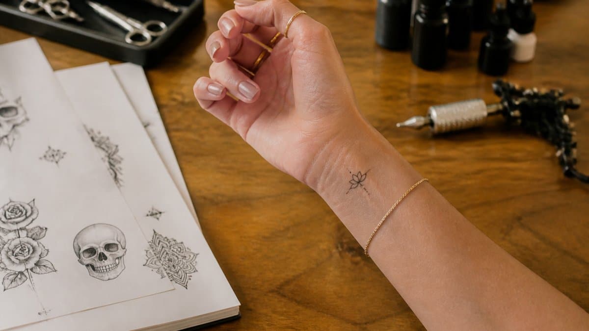 Small fine-line custom tattoo design on a wrist adorned with delicate gold jewelry and bracelets
