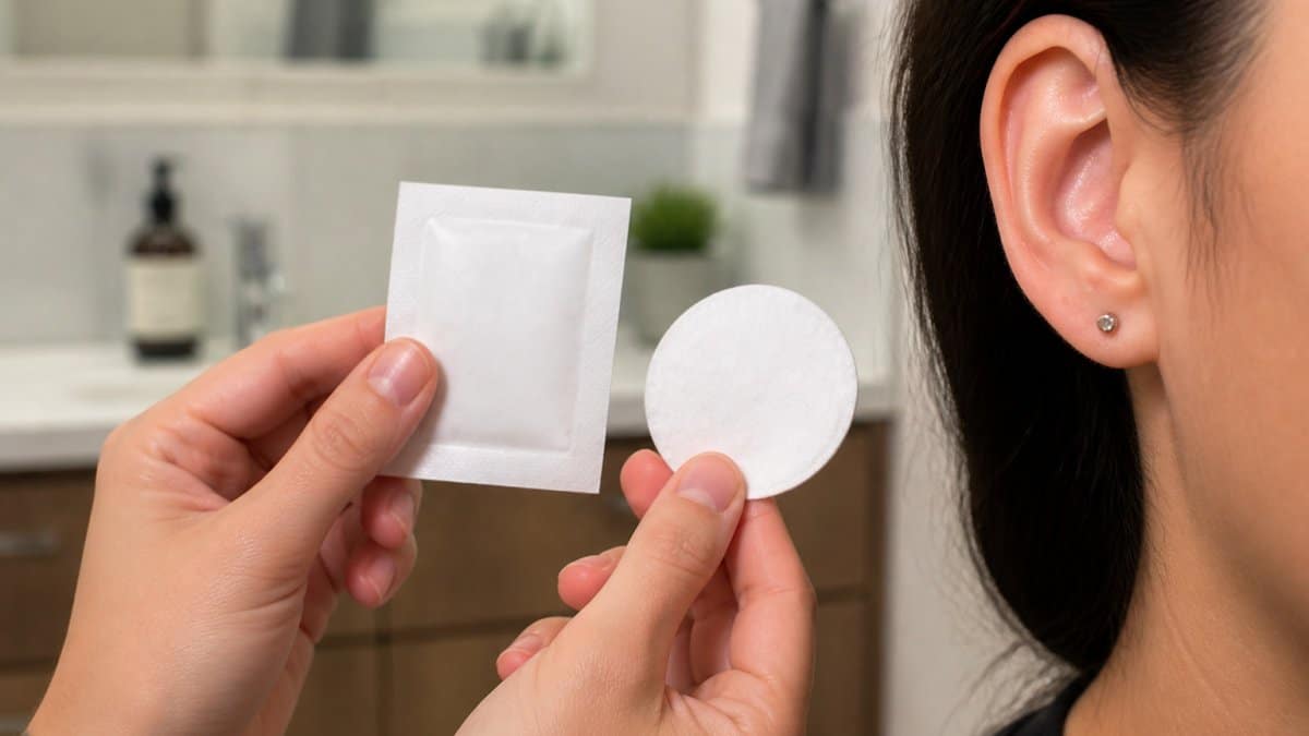 Hands holding a sterile saline wipe and cotton pad to clean an irritated ear piercing in a bright bathroom