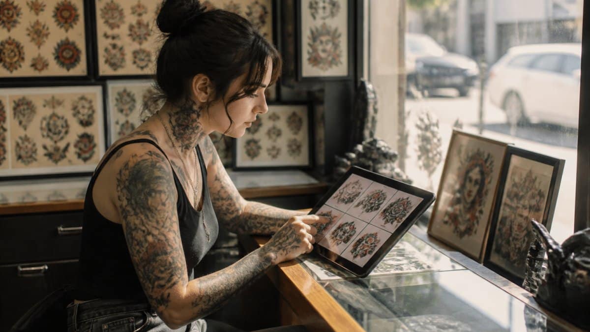 A person seated in a bright tattoo studio reviewing an artist's portfolio on a tablet, framed flash art on the walls behind them, warm afternoon light through the front window