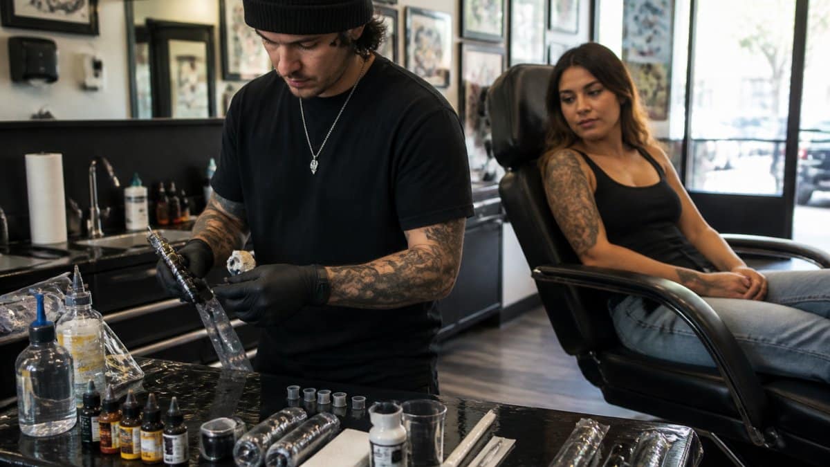 Professional tattoo artist preparing equipment and workspace in a clean, well-lit studio environment with client seated in tattoo chair