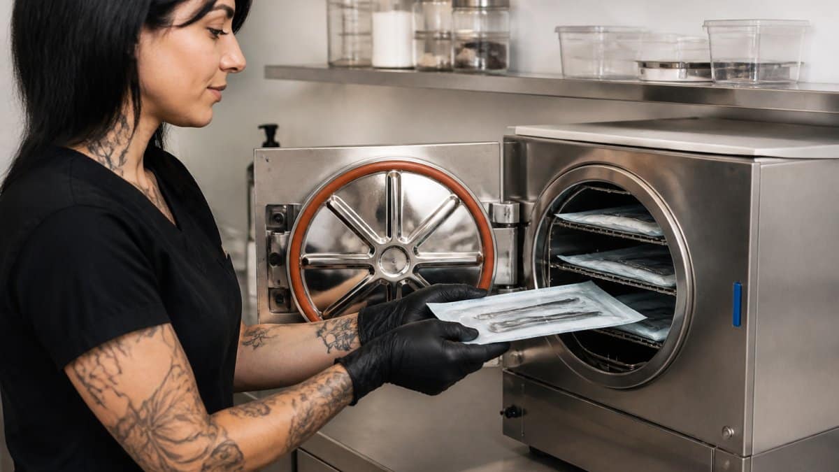 A professional piercer in sterile gloves loading an autoclave with packaged piercing tools in a clean studio setting