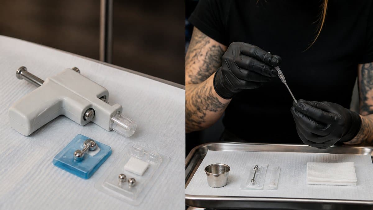 Close-up of a professional piercer wearing gloves preparing a sterile single-use needle on a clean tray in a bright piercing studio
